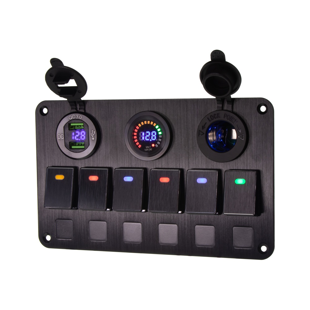 Panel s 6x spínači, CL, voltmetr + USB zásuvka, 12/24V (47157)