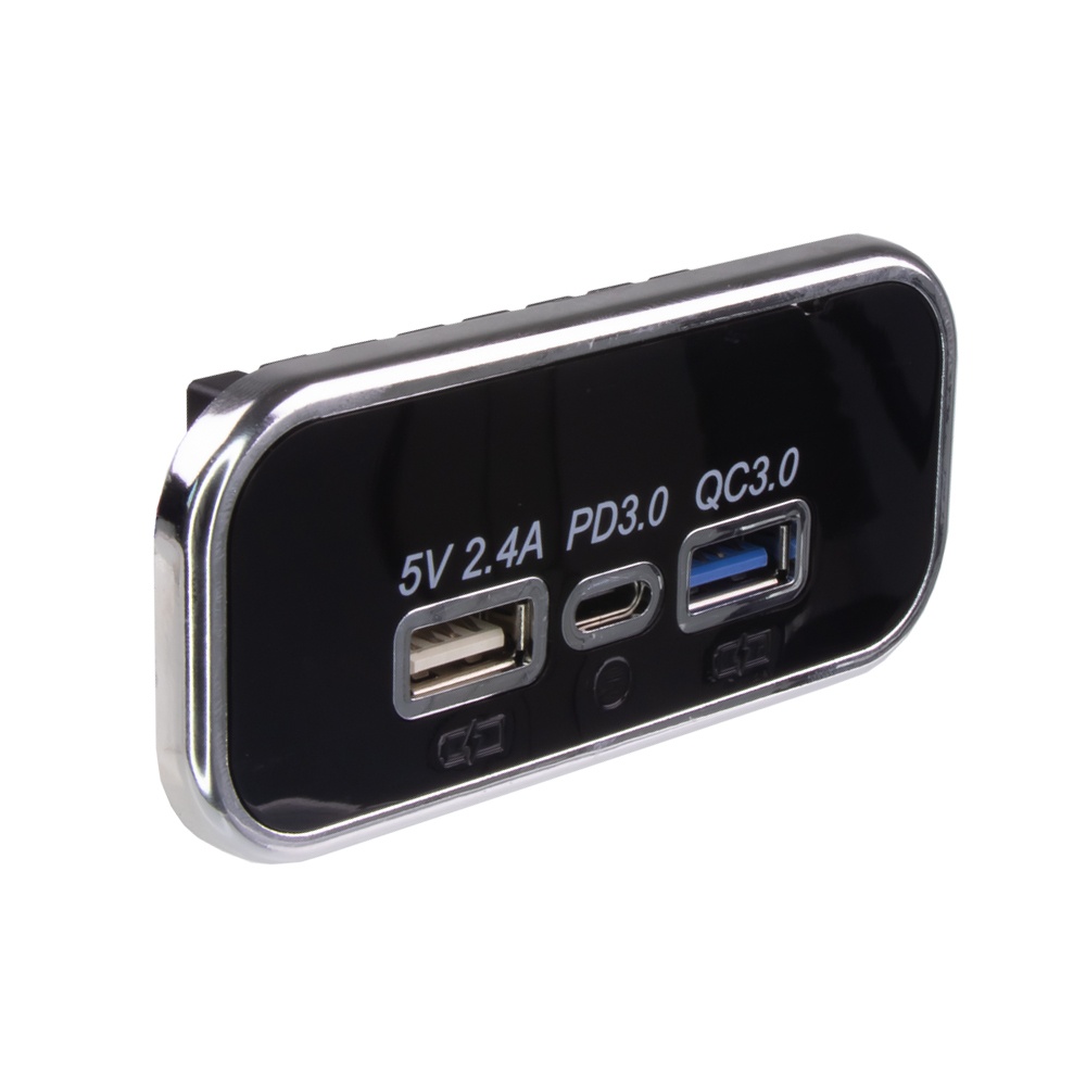 USB 2.4A + QC3.0 + USB-C zásuvka 12/24V, chromový rámeček (34678.3)