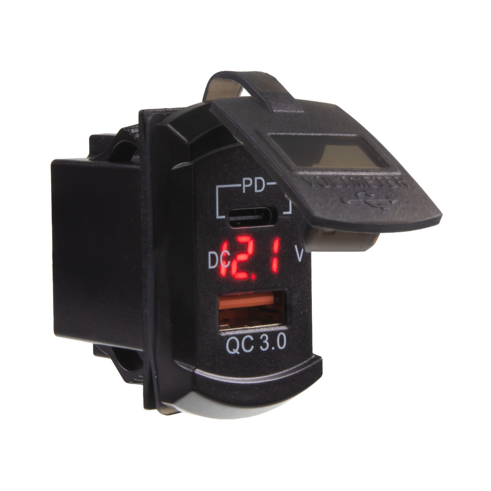 USB nabíječka QC3.0 + USB-C+voltmetr Rocker 12/24V, 48W (34722R)